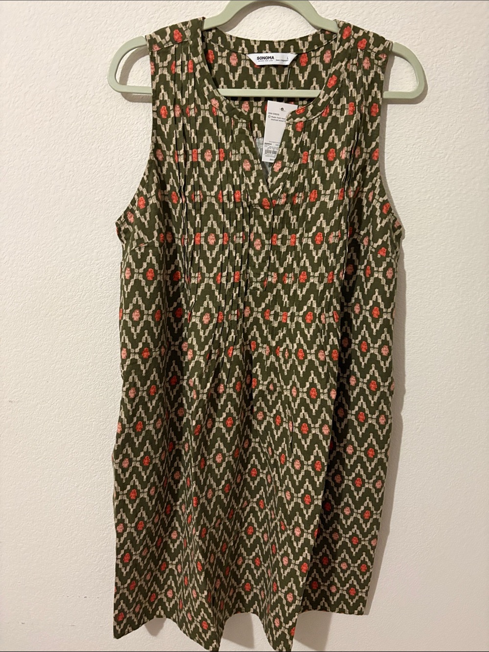Sonoma linen&rayon shift green&orange geometric print sleeves-less large dress